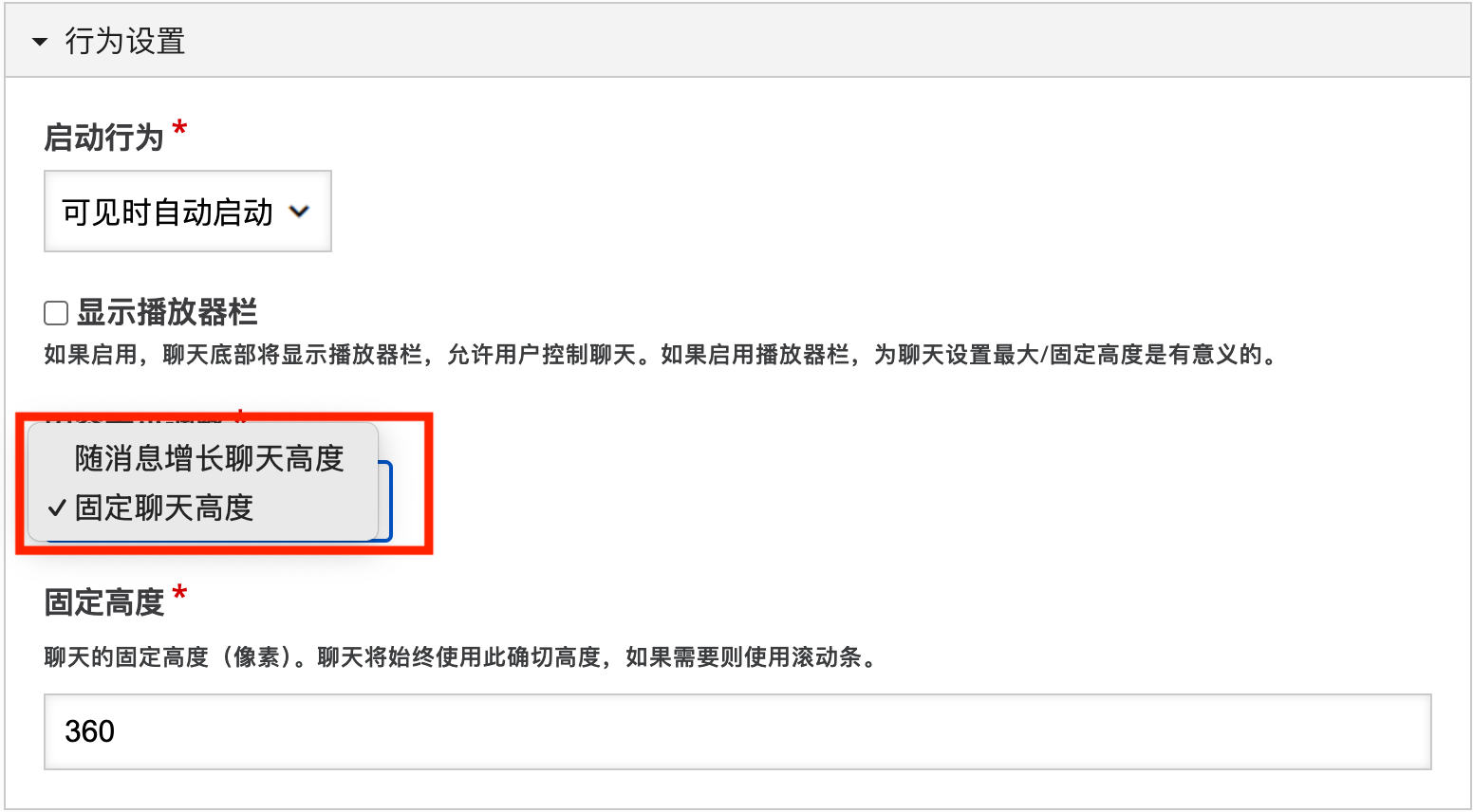 行为设置示例：启动方式、播放器栏与尺寸调节